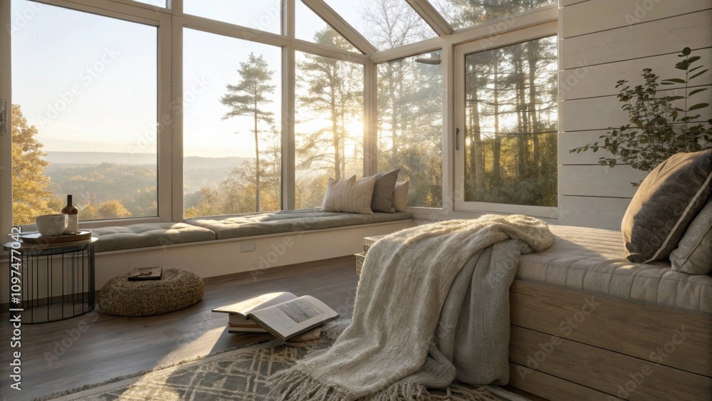 Poster soft rays of sunlight fill the expansive space highlighting a comfortable reading nook by the floort