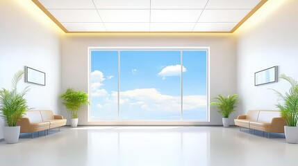 Fototapeta premium A well-lit emergency room waiting area with soft chairs, a large window, and a few patients waiting, reflecting the high-stress healthcare environment.