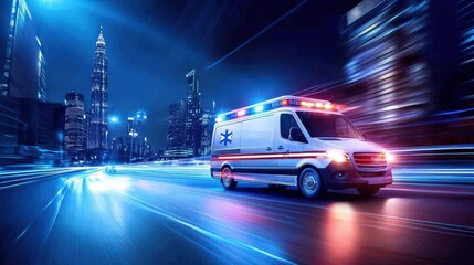 An ambulance driving through city streets at night with its emergency lights flashing, creating a sense of urgency as it speeds towards an emergency.