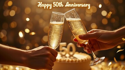 Two champagne glasses clinking, a cake with the number 50, HAPPY 50TH ANNIVERSARY text