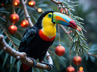 Fototapeta premium A vibrant toucan perched among frosted pine and holiday ornaments, photography of nature concept.