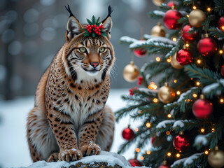 Obraz premium Lynx celebrating winter amidst festive decorations in a snowy landscape, photography of wildlife portrait concept.