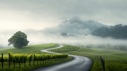 Dense fog covering a vineyard in the countryside, rows of grapevines fading into the distance, morning dew shimmering on leaves, rural charm, Ultra-Realistic, Photo Realistic, highly detailed, 