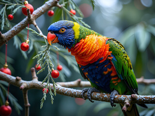 Naklejka premium Colorful parrot among festive ornaments in a lush greenery setting, photography of nature concept.