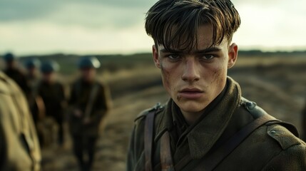 Fototapeta premium A Young Soldier's Intense Gaze: A World War II Battlefield Portrait