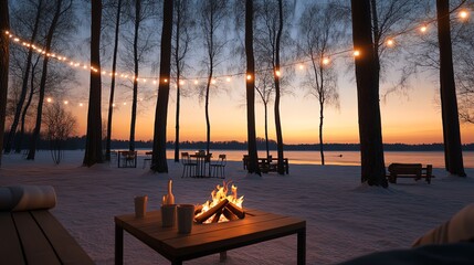 Fototapeta premium A serene snowcovered forest with lights strung between trees and a bonfire at the center