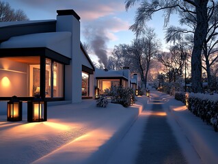 Obraz premium A snowy cottage with smoke curling from the chimney, warm light glowing from the windows, and a pathway lined with lanterns