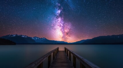Stargazing over the pier lake view night sky photography serene atmosphere