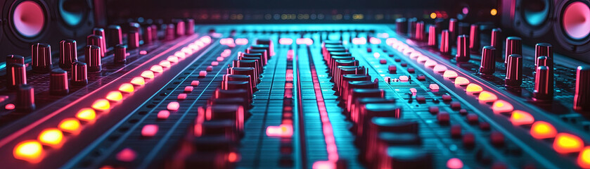 Obraz premium Music production equipment recording studio audio technology neon lighting close-up view artistic concept