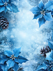 Festive Christmas wreath decorations frame Frosted Pinecones and Blue Poinsettias Framing a Soft Snowfall Background Ideal for Text in a Winter or Holiday Theme