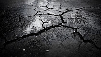 A close-up of the crack on an asphalt road, showing its texture and cracks, symbolizing damage or deteriorated roads due to natural events such as earthquakes