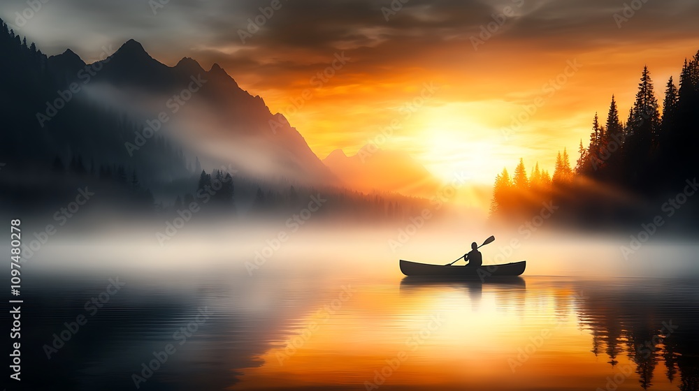 Canvas Prints calm river landscape at dawn, with mist floating above the surface and the first rays of sunlight br