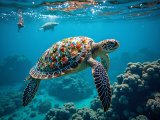 Obraz premium Colorful turtle swimming among coral reefs with playful dolphins in clear waters, photography of nature concept.
