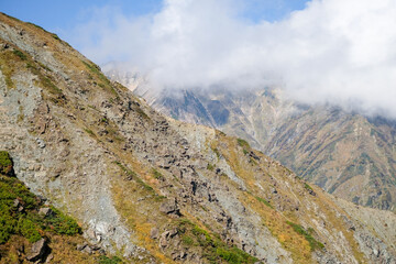 Happo Alpen Line Nature trail, Hakuba, Nahano, Japan, Mountain landscape with clouds and rocky terrain