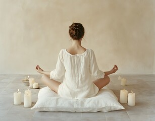 Fototapeta premium Photo of a meditating woman sitting on the floor with a pillow, candles around her, and a light beige wall behind her. The woman is wearing white linen . 