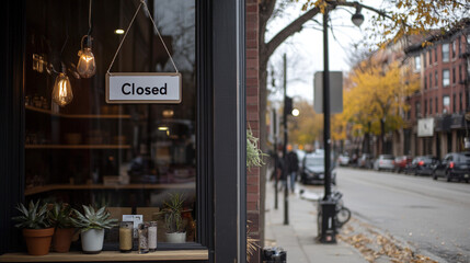 Obraz premium Closed boutique storefront with elegant window display, symbolizing the end of a day and the anticipation of a new beginning