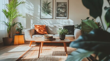 A chic living room with modern furniture, plants, and a cozy vibe