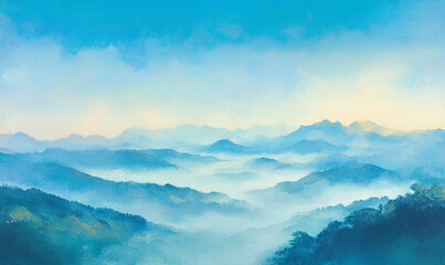 Fototapeta premium The Mountains coverred clouds at sunrise in summer. Aerial view of mountain peak with green trees in fog. Beautiful landscape with high rocks, forest, sky