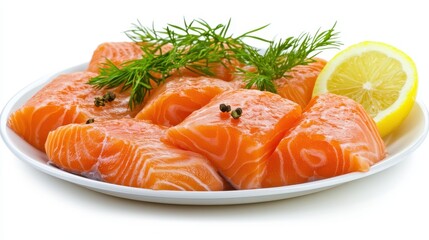 Pieces of raw salmon fillet with fresh lemon on a plate isolated on white background