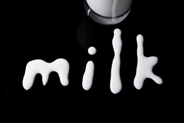 A glass of milk with the word 