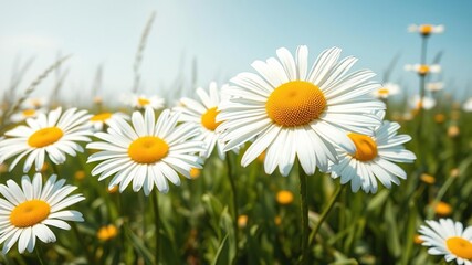 White and yellow watercolor daisies in a field with sunshine, wildflowers, sunshine © Maneerat