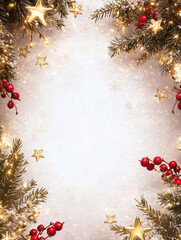 Festive Christmas wreath decorations frame Snowy Background with Glowing Golden Stars and Red Berries Framing an Open Center Space Perfect for Holiday and Winter Themed Designs and Greetings