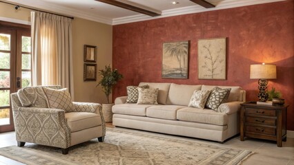 The harmonious blend of neutral tones against the bold textured wall draws attention while plush furnishings complement the aesthetic inviting tranquility and relaxation.