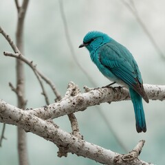 A bright turquoise bird perched on a shell-covered branch, set against a soft white background of nature
