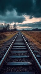 Fototapeta premium Railroad Tracks Leading into a Dramatic Sunset Landscape