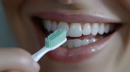 Close-up of a smiling woman holding a toothbrush with green bristles near her teeth. The focus is on her mouth and white, healthy teeth, conveying a dental health concept