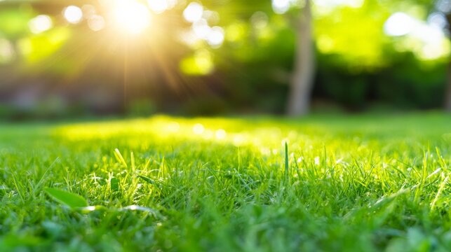 Sun-Drenched Grass: A close-up of lush green grass bathed in the golden glow of a setting sun, creating a serene and peaceful ambiance. The blurred background suggests a lush park or garden.