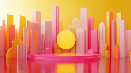 Bright cityscape with colorful geometric shapes and sun