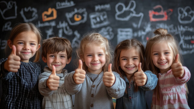 Happy children in classroom giving thumbs up together - Powered by Adobe