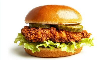 A perfectly assembled fried chicken sandwich with a soft bun, crispy fried chicken, fresh lettuce