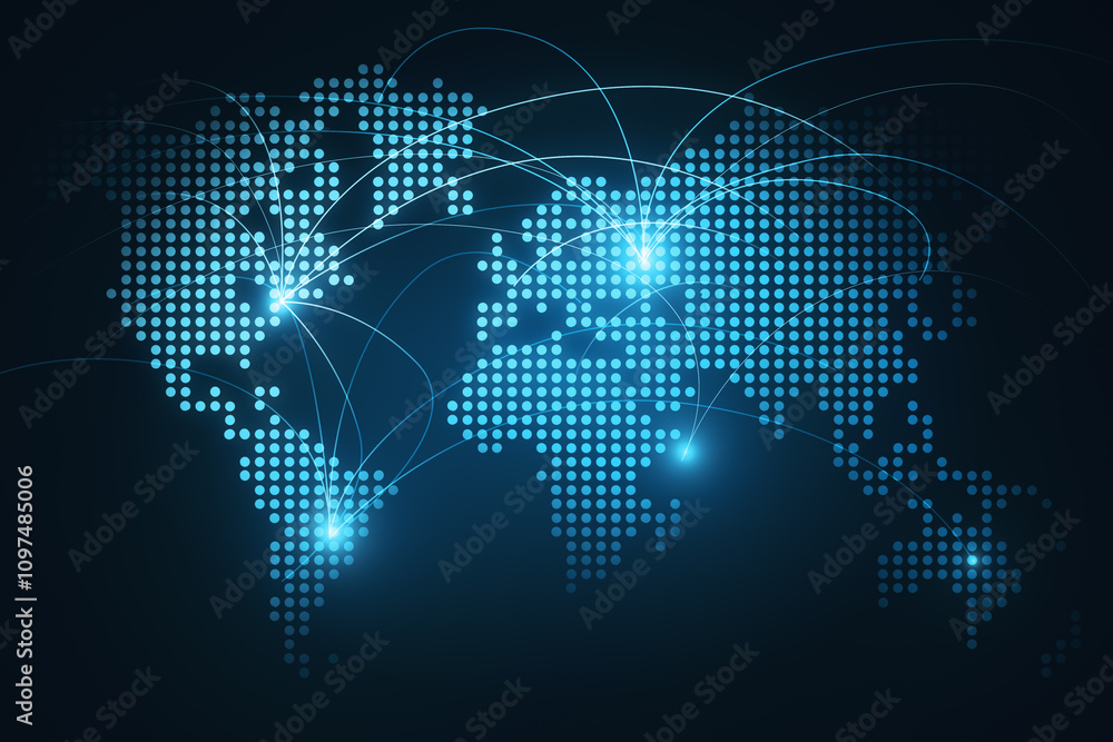 Aufkleber Global data exchange concept with bright spots connected by lines on digital dotted glowing world map on abstract dark background. 3D rendering
