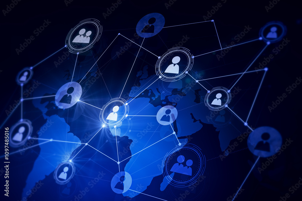 Poster Remote job and global hiring concept with digital graphic user symbols connected by lines on dark blue world map background. 3D rendering