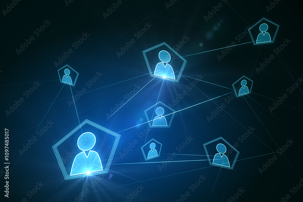 Poster Remote work and social connection concept with glowing blue digital user symbols connected between each other on abstract dark blue background. 3D rendering