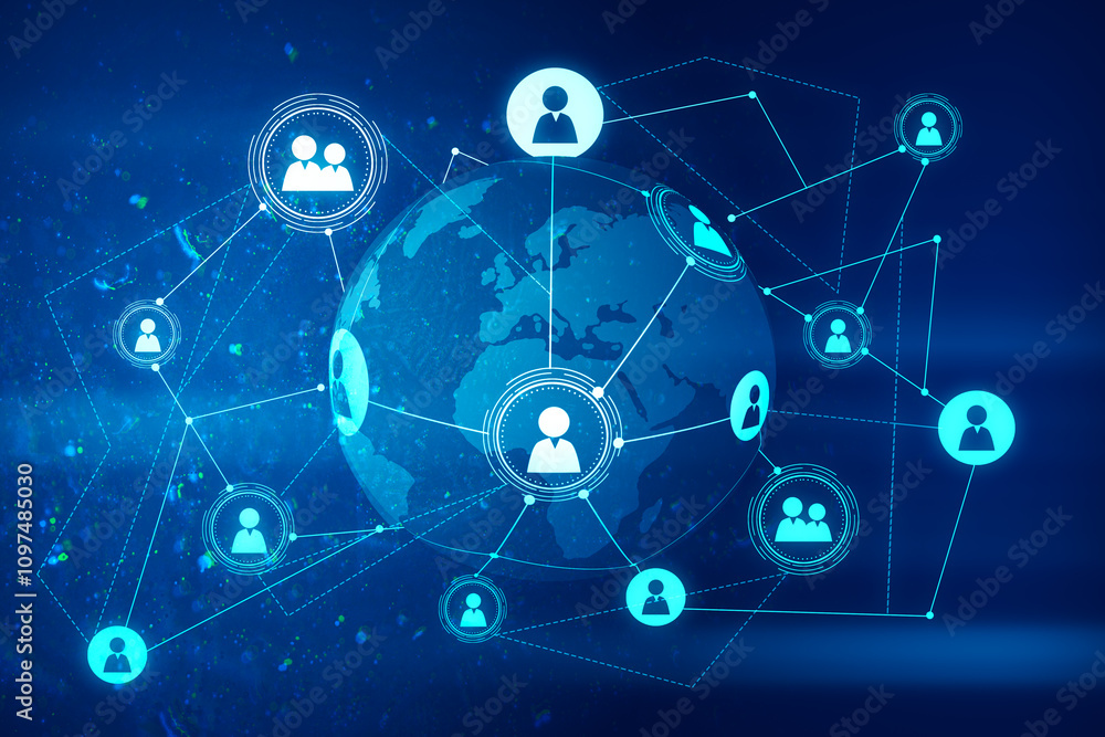 Poster Personal data and social communication concept with digital user icons connected by lines on dark blue world map globe background. 3D rendering