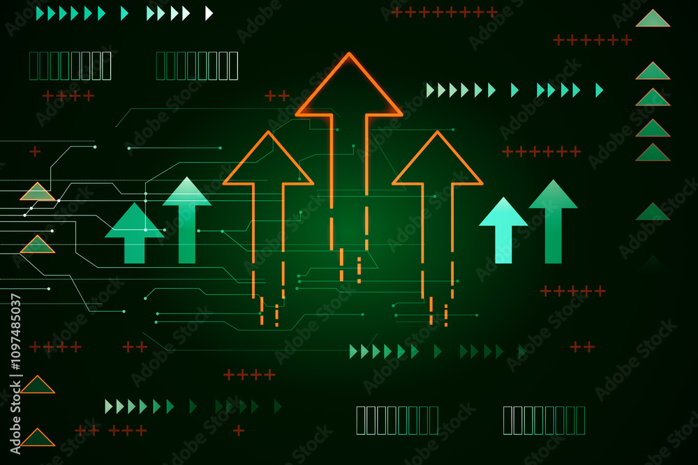 Poster Growth and technologies development concept with glowing red and green digital graphic arrows and lines on abstract dark background. 3D rendering