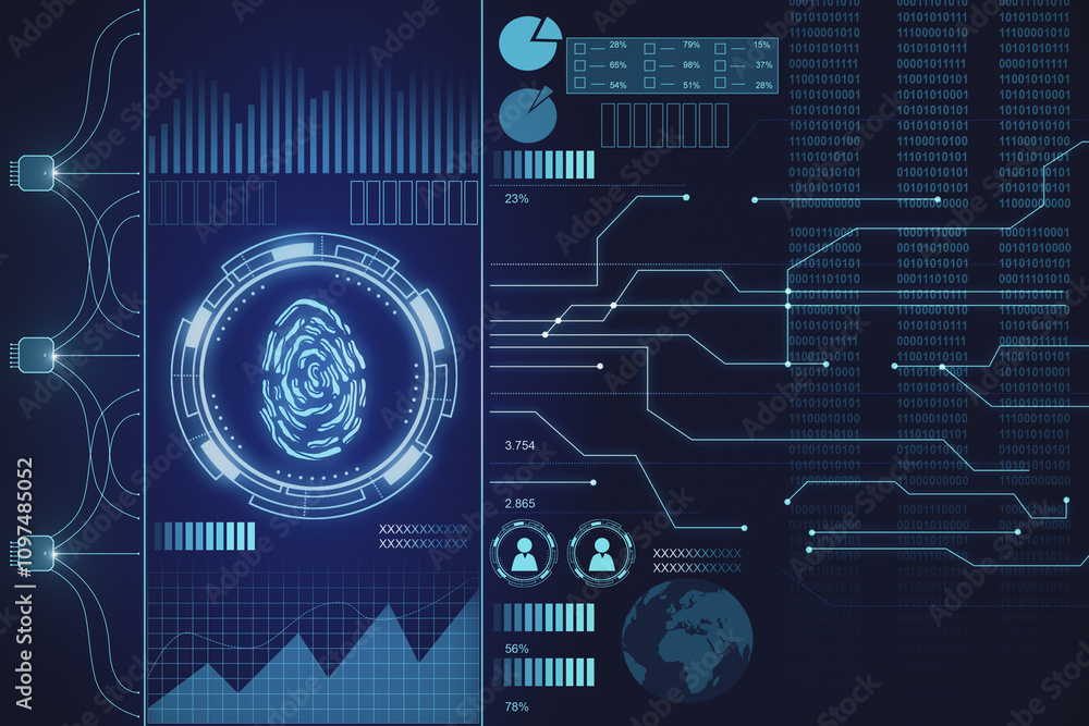 Aufkleber Personal data and biometric identification concept with front view on digital graphic fingerprint with abstract personal information interface on dark background. 3D rendering