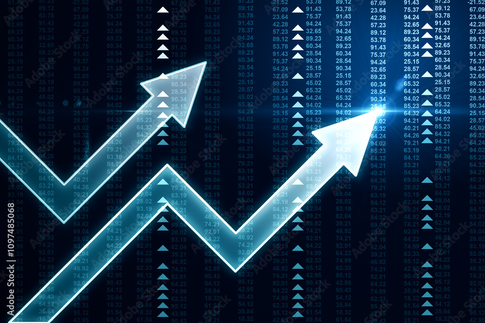 Poster stock market, trading and investing concept with digital graphic illuminated arrows up on dark blue 