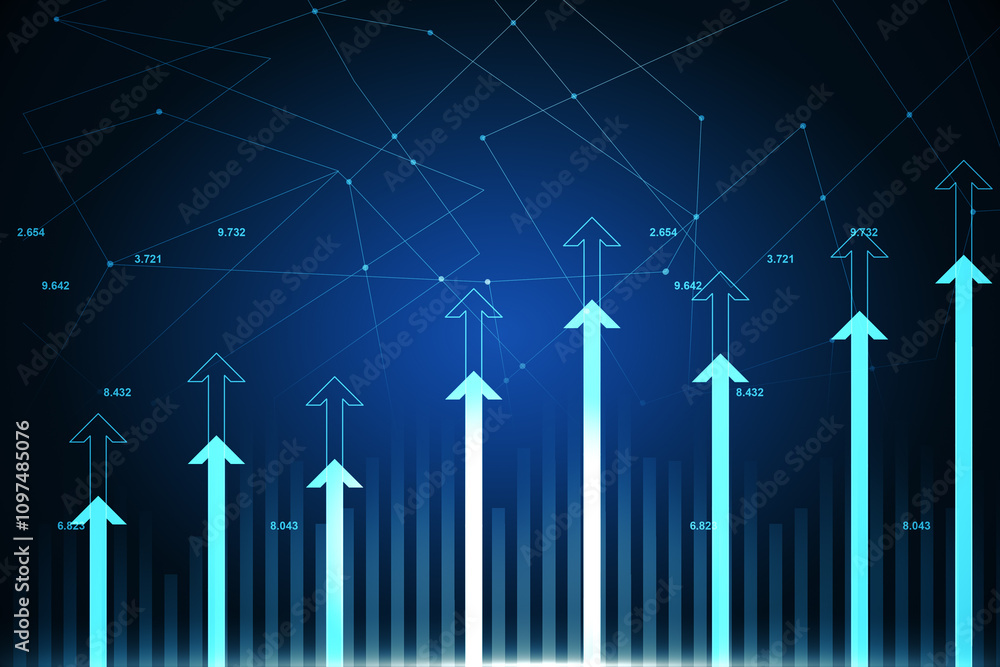 Aufkleber Economic trends and big data concept with glowing digital arrows on abstract dark technological background with financial chart graphs and numbers. 3D rendering