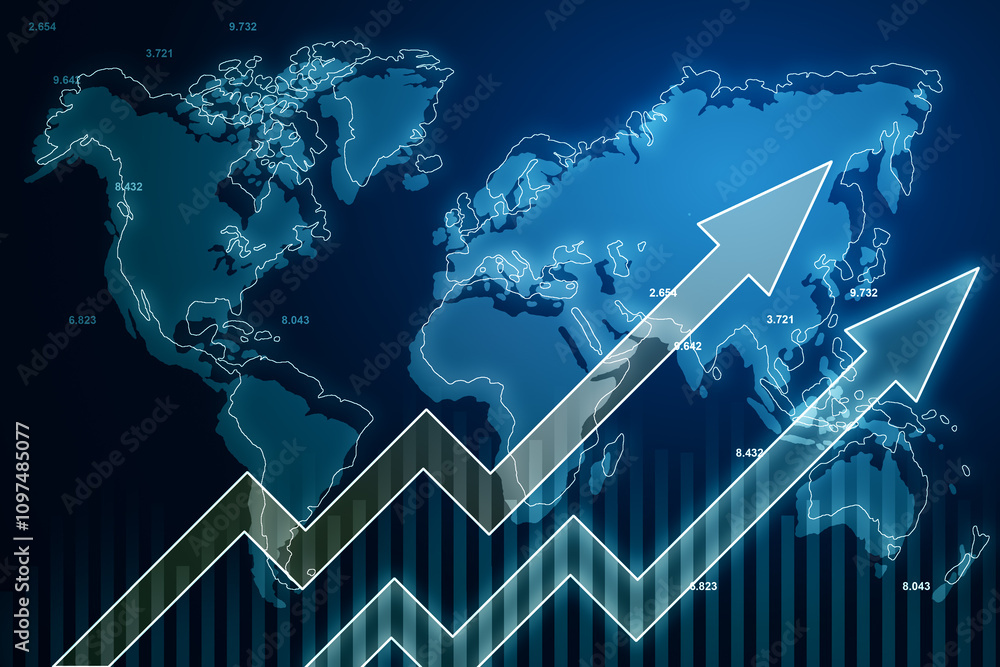 Poster Business growth and data concept with blue digital striving up arrows on blue illuminated world map background. 3D rendering