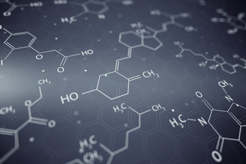 Medical, science and education concept with digital chemical molecule formulas on grey hexagon...