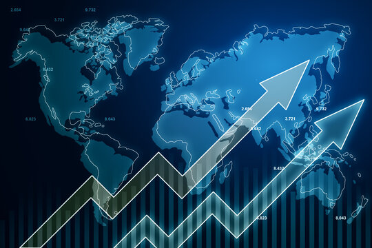 Business growth and data concept with blue digital striving up arrows on blue illuminated world map background. 3D rendering - Powered by Adobe