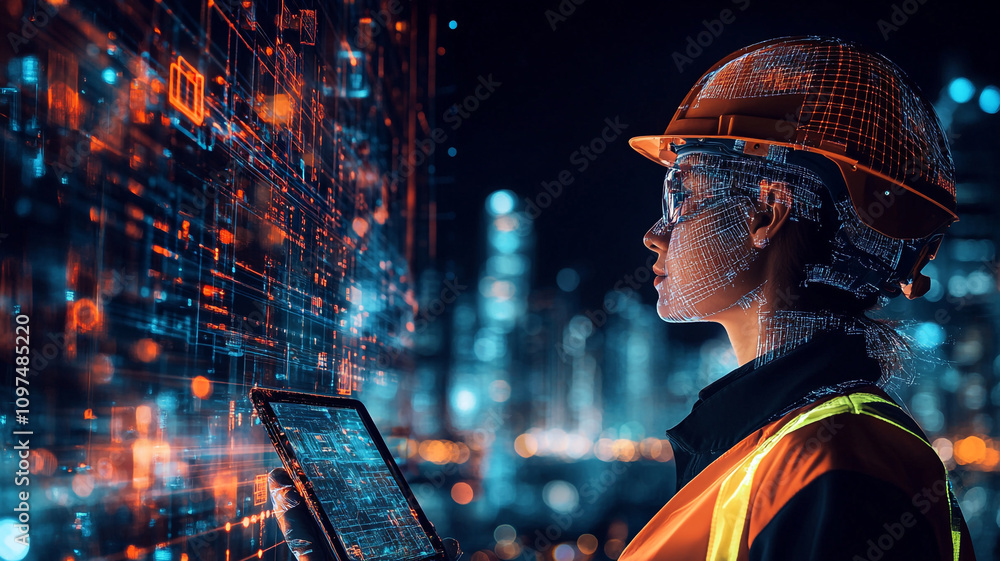 Aufkleber engineer analyzing data with digital interface at night in an urban setting