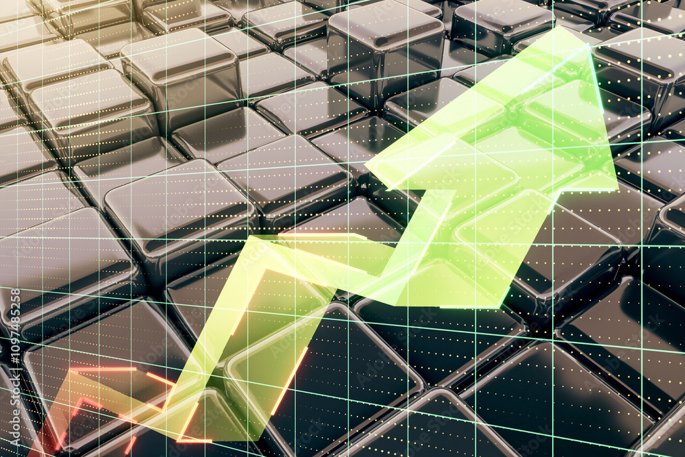 Poster creative upward arrow overlayed on glossy black cubes representing growth and success in technology 