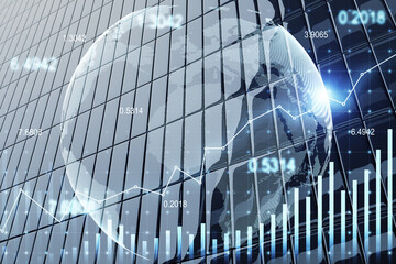 Abstract financial background with global statistics and graphs overlaid on glass building facade.