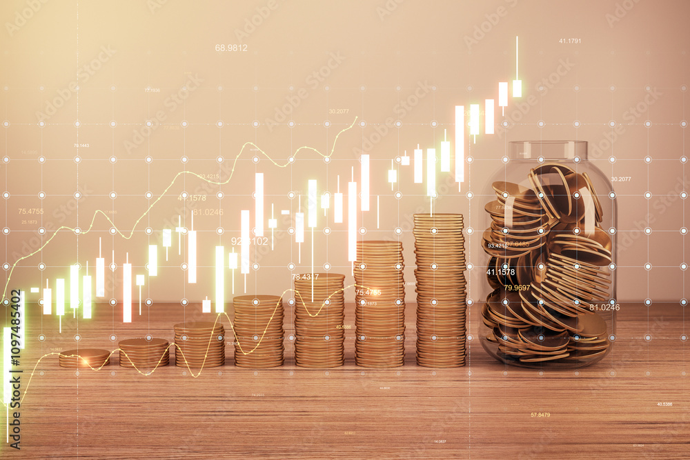 Poster stacks of coins with a glass jar and financial graph overlay on wooden surface.