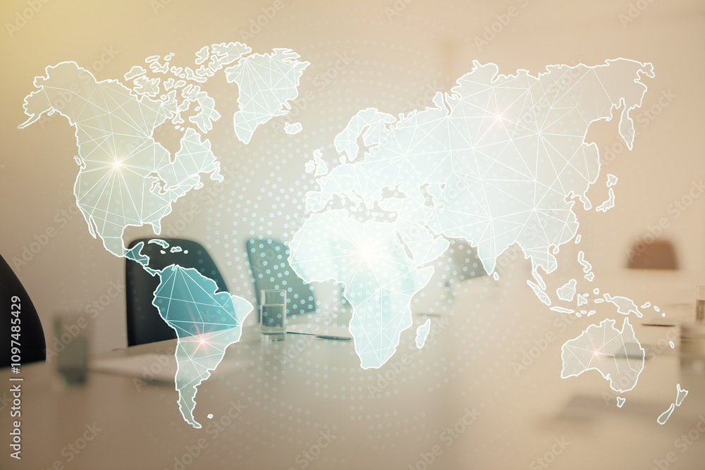Poster Abstract world map hologram on blurred office background, concept of global business and technology networking.